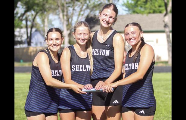 The team of Susie Cheney, Parker Lowe, Erin Gegg and Amaya Morgan sped their way to the state track meet by winning the 400 meter relay event at Burwell. (—photo by Jeanette Branson)