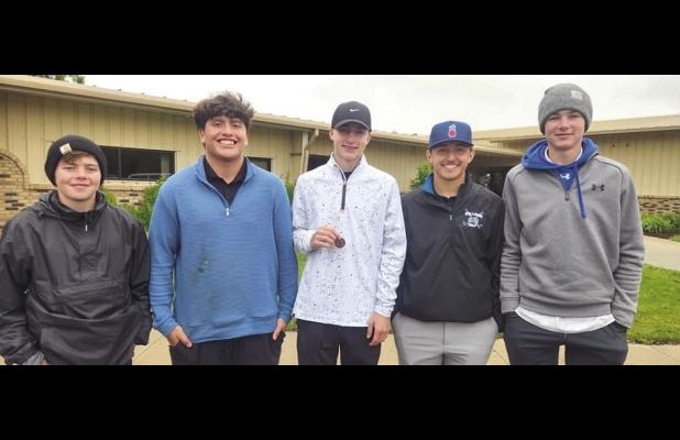 Shelton’s boys golf team competed at the D-1 District meet last week with Jaxson Ohlman (center) qualifying for the state meet. The team is made up of, left to right, Cale Power, Jorge Delgado Romero, Ohlman, Reilly Jensen and Drake Power. (–courtesy 