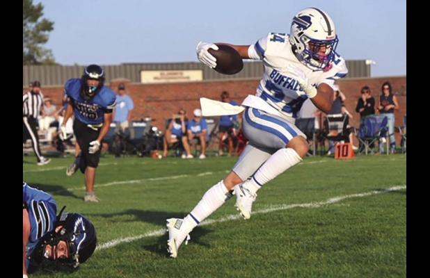 Senior Lukas Altwine helped lead the Gibbon Buffaloes as they took a season opening 63-46 victory over Hastings St. Cecilia last Friday night. Altwine led the defense with 14 tackles and rushing and receiving yards, and one touchdown on offense. (—photo