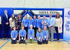 Attending the opening of the “Bulldog Branch” of Cornerstone Bank at Shelton Public School on Thursday, November 14 were, front row, left to right, Bulldog bank “tellers” Kealey Hathaway, Jackson Thornburg, Jefferson Thober, Kylie Rogers, and Ruby Article Image Alt Text
