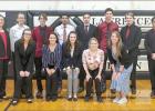 Shelton speech team members making the trip to Lawrence-Nelson for the Twin Valley Conference meet included, front row, left to right, Samantha Snyder, Breanna Plihal, Kirsten Johnson, Rose Fox, and Coach Leah Solko; and back row, Jaylea Pope, Kiersten Be Shelton speech team fourth at TVC