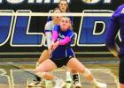 Lady Bulldog senior Callee Carman receives a serve while facing SEM last Friday night. (—photo by Barb Berglund) Article Image Alt Text