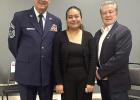 Gibbon’s Jacqueline Ramirez (center), overall winner in the America 250 Essay Contest, is flanked by CMSGT John Stewart on her left and Nebraska State Senator Stan Clouse during the awards ceremony on May 2. (–courtesy photo)