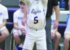 Two sharp shooters in the Shelton and Wood River boys contest kept their teams in the game in the annual Highway 30 basketball rivalry. At left, Dylan Kenton ran the offense for the Bulldogs until a first half injury kept him sidelined. Madden Brabec, at 