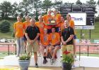 Lady Bulldogs claiming the runner-up trophy were, standing, left to right, Shelby Terry, Emma Urbanek, coach Ron Blase, Tracy Meyer, Kalli Brannagan, Lexie Brandt, Maggie Urbanek, coach Mike Lowe, and Kelsey Rouse; and seated, Kalyn Brannagan and Vanessa 