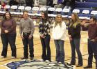 Recognized at a recent Shelton basketball game were, left to right, Shelton FFA sponsor Hannah Horak, and Shelton High graduates and FFA American Degree recipients Noah Summers, Jaylea Pope, MaKenna Willis, Taylor Lewis, and Jacob Snyder. (–photo by Ste